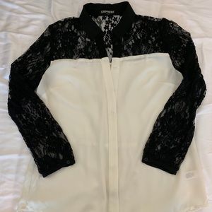 Cream button up with Black lace accent